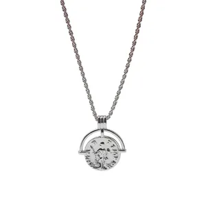Silver retro Roman coin pendant necklace with a rotating design and stylish rope chain
