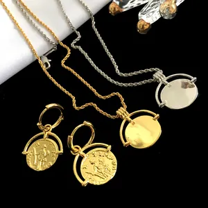 Detailed close-up of retro Roman coin jewelry set featuring gold and silver necklaces