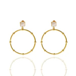 Exaggerated Geometric Copper Hoop Earrings Gold Plated Square Mother Of Artificial Pearl Malachite Inset Vintage Fashion Jewelry For Women