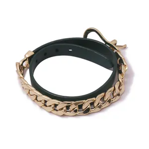 Green PU leather double wrap bracelet with golden Cuban chain and adjustable hook clasp