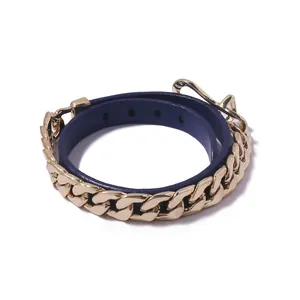Chic double-wrap leather bracelet with gold Cuban chain and adjustable buckle strap