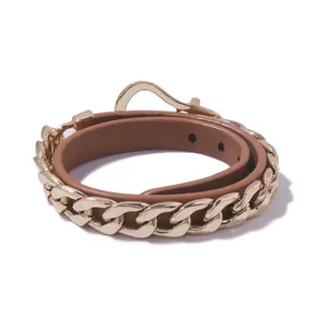 Double-wrap brown PU leather bracelet with chunky gold chain and adjustable hook clasp