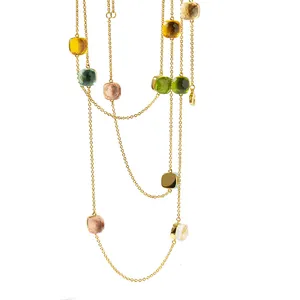 Long gold multi-layer necklace with geometric colorful crystal pendants for women