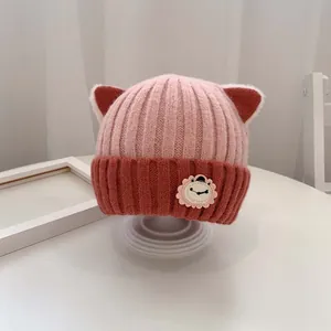 Niedliche Baby Winter Strickmütze Dicke Warme Kleinkind Beanie Mit Tierohren Und Cartoon Patch Leinen Farbblock Mütze