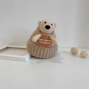 Warm khaki knit baby winter hat with a cute 3D plush bear and embroidered bear slogan