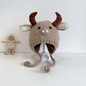 Cute Baby Cartoon Cow Ox Horn Knitted Hat Winter Warm Ear Flap Cap For Toddler Infant Boys Girls Photography Props