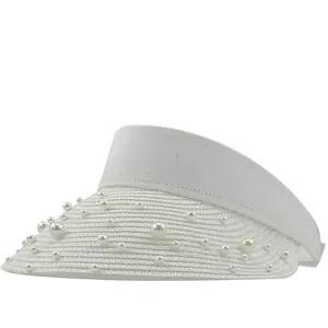 White raffia open top sun hat for women featuring hand-sewn pearls on the woven brim
