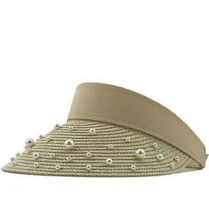 Handmade raffia open top sun visor with pearl embellishments for women