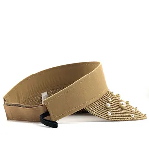 Handcrafted open top raffia sun hat for women with elegant pearl embellishments