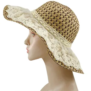 Women Kids Lace Straw Hat Sun Protection Wide Brim Beach Hat Hand Woven Floral Summer Vacation Parent Child Sun Hat