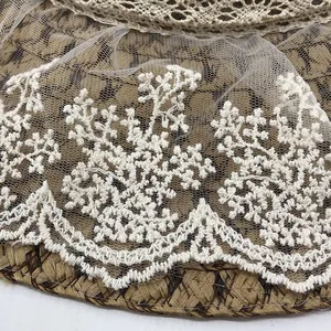 Close-up of elegant floral lace trim and natural straw texture on sun hat details