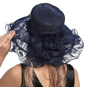 Elegant navy blue organza sun hat with large lace flower and wide wavy brim for women