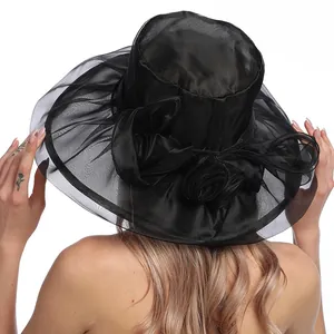 Elegant black organza sun hat with wide brim and large flower bow for women