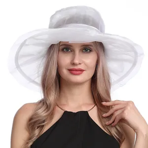 Elegant white organza wide-brim sun hat with floral mesh details for summer beach weddings