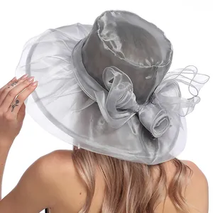 Silver grey organza wide brim sun hat with decorative 3D floral accent for women