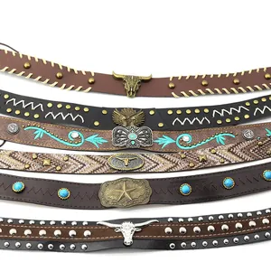 Dettagli di cinturini per cappelli in pelle vintage bohémien con turchese e fibbia