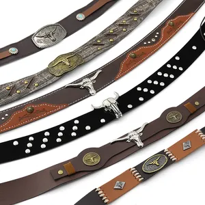 Fasce per cappelli di paglia stile western con fibbie a testa di toro e rivetti in pelle
