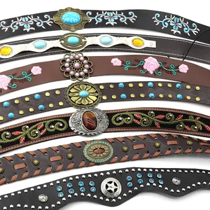 Cinture per cappelli stile bohémien con ricami floreali e fibbie in turchese