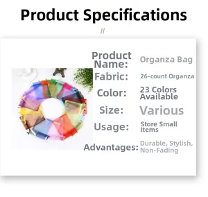 Detailed product parameters of durable organza drawstring bags in 23 available colors