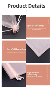 Close-up of pink organza gift bag with drawstring closure and reinforced stitching