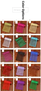 Macro detail of sheer organza drawstring gift bags in 15 vibrant translucent colors