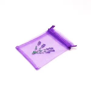 Purple organza drawstring gift bag with lavender floral print for jewelry packaging