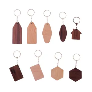 Customized wooden keychains in assorted shapes including walnut and natural wood finishes