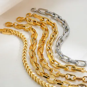 Five styles of 18K gold and silver Miami Cuban link bracelets on luxury white silk background