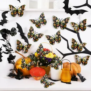 Close-up of 3D Halloween butterfly wall stickers with skull and pumpkin patterns