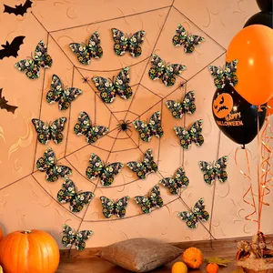 Detail of 3D Halloween butterfly wall stickers with skull and floral patterns for party decor