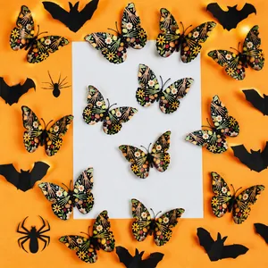 3D Halloween butterfly stickers with skull and pumpkin patterns on orange background