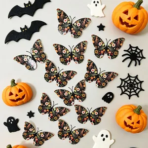 Detail of 3D Halloween butterfly stickers with skeleton arms and pumpkin patterns