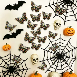 3D Halloween butterfly wall stickers with skull rose patterns on white wall background