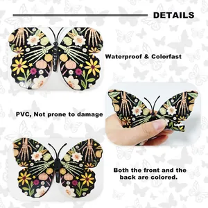 Detail of waterproof 3D PVC butterfly stickers with Halloween skull and floral patterns
