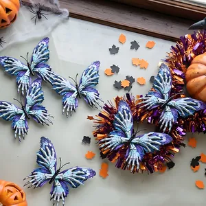 Macro detail of 3D Halloween skull butterfly stickers with purple gradient bone wings