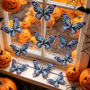 Gothic skull butterfly wall decals with blue and purple wings for Halloween decor