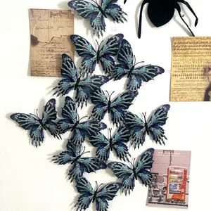 Detailed view of 11 gothic skull butterfly 3D wall stickers in dark blue and purple tones