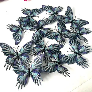 Detailed view of 3D skull rose butterfly wall stickers set in blue and purple colors