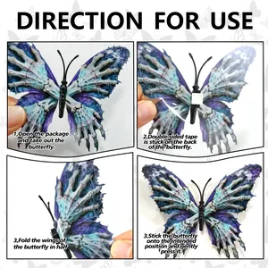 Four-step installation guide for 3D butterfly stickers with gothic skull wing design