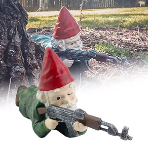 Garden gnome statue in camouflage holding an AK-47 rifle on a lush green lawn