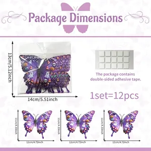Detailed size guide for 12pcs Halloween 3D purple butterfly wall stickers with measurements