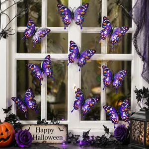3D purple Halloween butterfly wall stickers with skull and pumpkin patterns on window