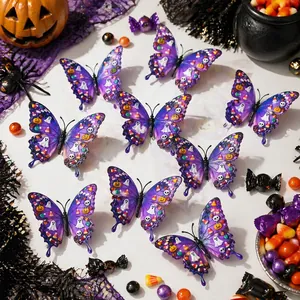 Detail of 3D Halloween butterfly stickers with purple gradient wings and skull motifs