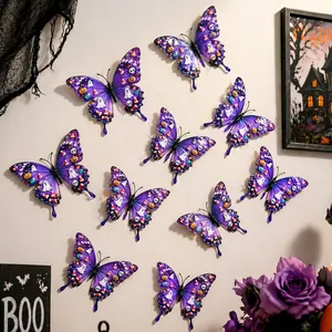 Detailed 3D purple Halloween butterfly wall stickers with ghost and pumpkin patterns