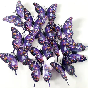 Macro detail of 3D Halloween purple butterflies with skull, pumpkin and ghost patterns