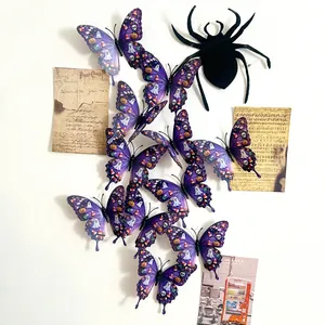 3D purple Halloween butterfly wall stickers with skull and pumpkin patterns on wall