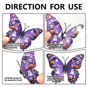 Installation steps for 3D Halloween butterfly wall stickers with skull and pumpkin design