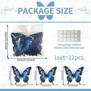 Size chart showing 3D blue skull rose butterfly wall stickers 12pcs with dimensions