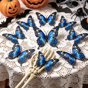 Detailed 3D butterfly wall stickers with skull and blue rose gothic patterns