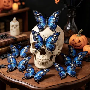 Gothic blue butterfly decorations with skull and rose patterns for Halloween wall decor